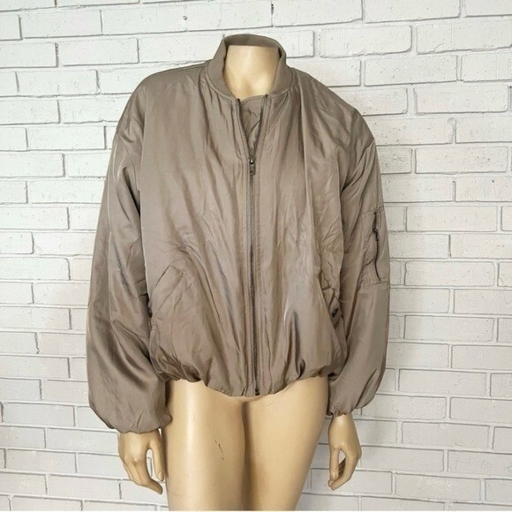 Olia Women Taupe Oversized Bomber‎ Jacket Full Zip Utility Pocket | Size Small